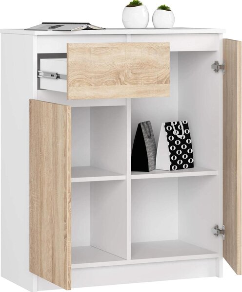 Elegantní komoda K80 v bílé a sonomě se 2 dveřmi a 1 zásuvkou