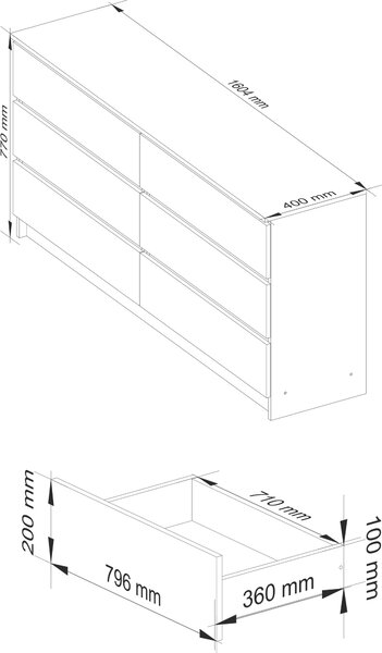 AKORD Furniture Factory OP0LK-1DABBIA006, Bílá, Dub, 6 zásuvka/zásuvek, Matný, 16 mm, 71 cm, 400 mm