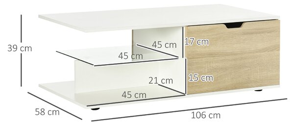 HOMCOM Moderní Design Obdélníkový Konferenční Stolek se 2 Zásuvkami, 2 Policemi a Skleněnou Policí, Bílý Dubový Vzhled 106 x 58 x 39 cm | Aosom