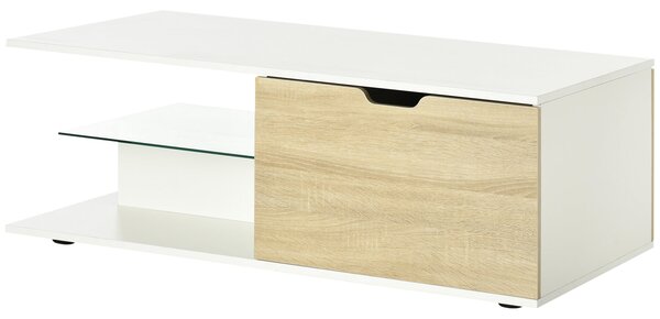 HOMCOM Moderní Design Obdélníkový Konferenční Stolek se 2 Zásuvkami, 2 Policemi a Skleněnou Policí, Bílý Dubový Vzhled 106 x 58 x 39 cm | Aosom