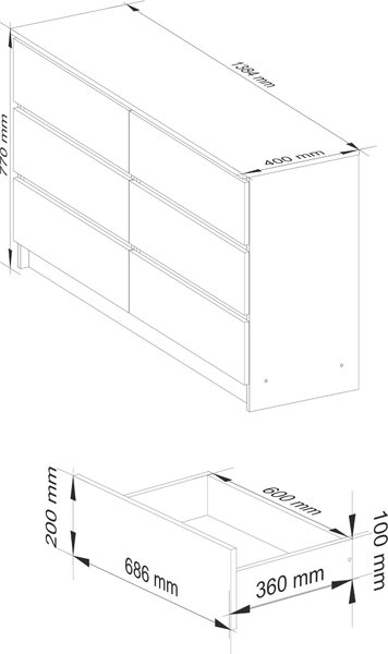 AKORD Furniture Factory OP0LK-1OLC004, 6 zásuvka/zásuvek, Matný, 16 mm, 60 cm, 400 mm, 1380 mm