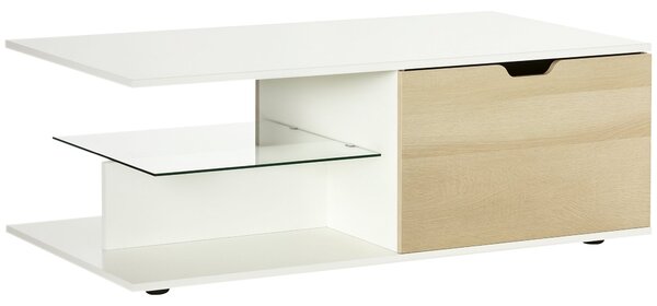 HOMCOM Moderní Design Obdélníkový Konferenční Stolek se 2 Zásuvkami, 2 Policemi a Skleněnou Policí, Bílý Dubový Vzhled 106 x 58 x 39 cm | Aosom