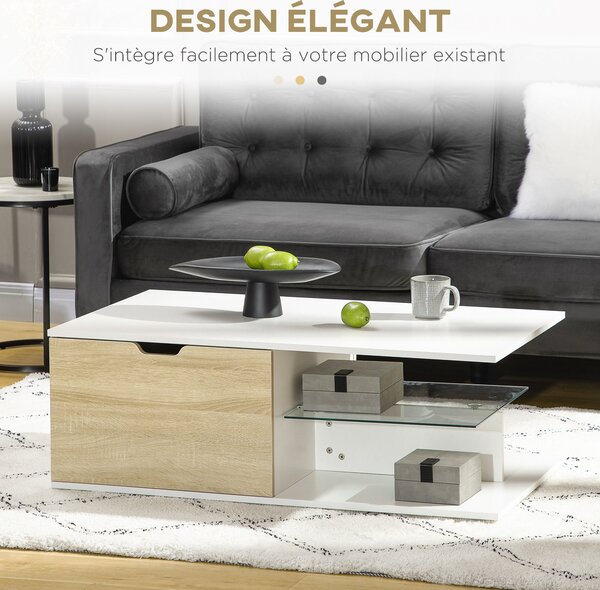 HOMCOM Moderní Design Obdélníkový Konferenční Stolek se 2 Zásuvkami, 2 Policemi a Skleněnou Policí, Bílý Dubový Vzhled 106 x 58 x 39 cm | Aosom