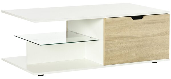 HOMCOM Moderní Design Obdélníkový Konferenční Stolek se 2 Zásuvkami, 2 Policemi a Skleněnou Policí, Bílý Dubový Vzhled 106 x 58 x 39 cm | Aosom