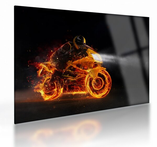 Skleněný obraz - Motorkář s plameny (70x50 cm)