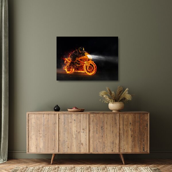 Skleněný obraz - Motorkář s plameny (70x50 cm)