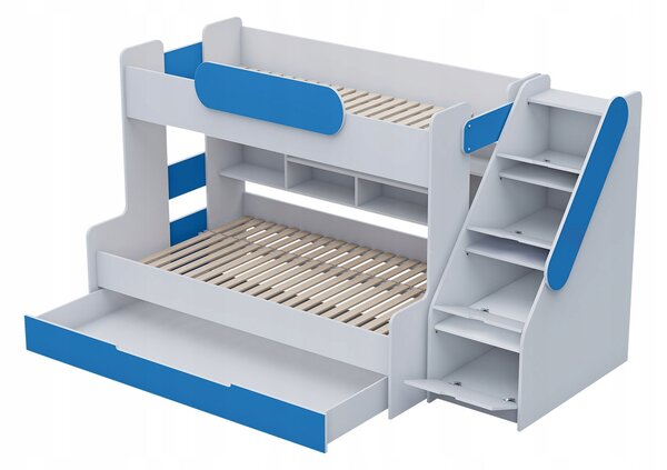 Dětská patrová postel s rozšířeným spodním lůžkem a šuplíkem SEGAN bílo-šedá - 200x90/120 cm