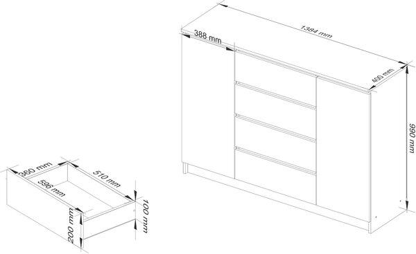 AKORD Furniture Factory OP0LKOMOLC013, 4 zásuvka/zásuvek, Matný, 4 police/polic, 2 dveře/dveří, 16 mm, 51 cm