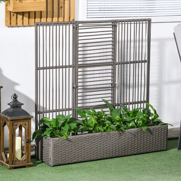 Outsunny Zahradní Truhlík s Příčkami - Vyvýšený Stojan na Rostliny se Šedým Obdélníkovým Květináčem z Woven PE Pryže a Oceli, dim. 103L x 29W x 103H c
