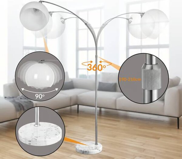 Oblouková lampa nastavitelná, mramorová základna, bílé stínidlo 105413