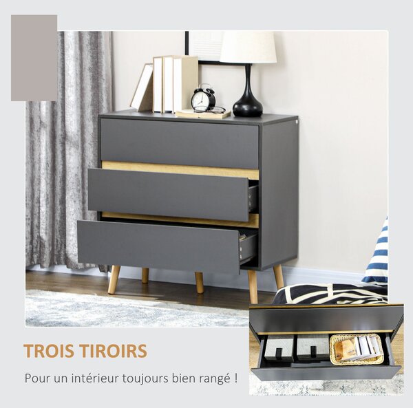 HOMCOM Komoda se 3 zásuvkami bez úchytů v severském designu - 80 x 40 x 80 cm - Šedá | Aosom