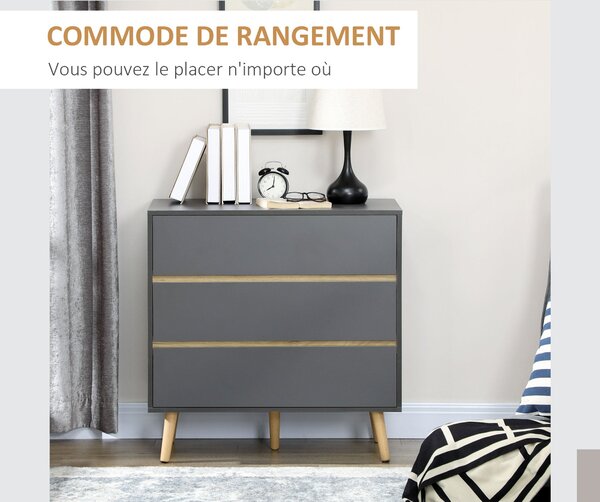 HOMCOM Komoda se 3 zásuvkami bez úchytů v severském designu - 80 x 40 x 80 cm - Šedá | Aosom
