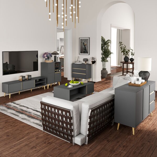 HOMCOM TV Stánek pro televizory do 55 palců, skandinávský design, 2 dveře, 2 police s vedením kabelů, 150 x 35 x 45 cm, tmavě šedá | Aosom
