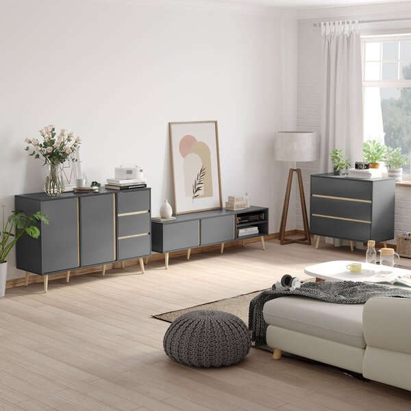 HOMCOM TV Stánek pro televizory do 55 palců, skandinávský design, 2 dveře, 2 police s vedením kabelů, 150 x 35 x 45 cm, tmavě šedá | Aosom