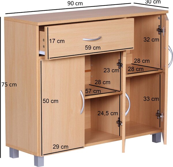 Komoda FineBuy JERRY z bukového dřeva s 1 zásuvkou a 3 dvířky, 90 x 75 x 30 cm | Designová komoda z MDF | Komoda do předsíně s úchytkami