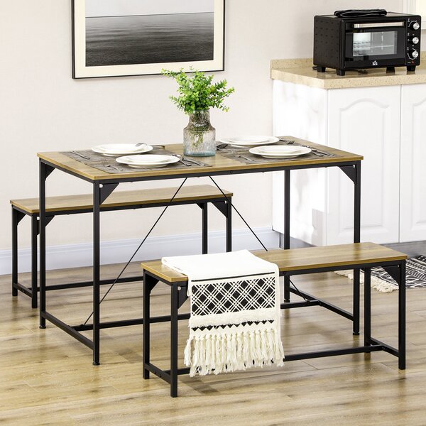 HOMCOM jídelní stůl se 2 lavicemi, ocelový rám, stůl pro 4 osoby 120 x 70 x 75 cm, lavice 100 x 30 x 45 cm pro kuchyň, jídelnu, obývací pokoj v přírod