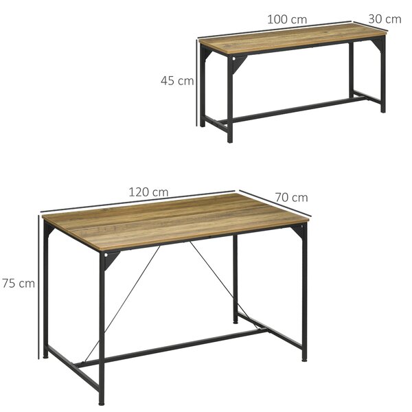 HOMCOM jídelní stůl se 2 lavicemi, ocelový rám, stůl pro 4 osoby 120 x 70 x 75 cm, lavice 100 x 30 x 45 cm pro kuchyň, jídelnu, obývací pokoj v přírod