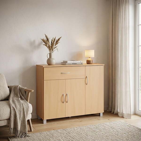 Komoda FineBuy JERRY z bukového dřeva s 1 zásuvkou a 3 dvířky, 90 x 75 x 30 cm | Designová komoda z MDF | Komoda do předsíně s úchytkami