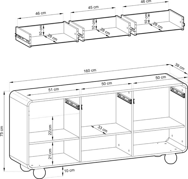 Komoda, prádelník KAMLOOPS KSZ160 - Kašmír - zaoblená - 3 zásuvky - šířka 160 cm, výška 75 cm, hloubka 39 cm