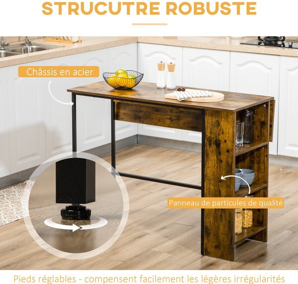 HOMCOM Barový Stůl se Skladem Bistro Stůl Centrální Ostrov Skládací Boční Deska a 3 Polic - 120 x 76 x 91,4 cm Rustikální Hnědá | Aosom