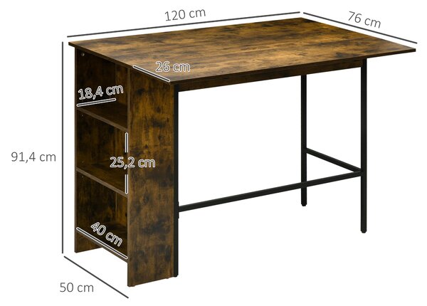 HOMCOM Barový Stůl se Skladem Bistro Stůl Centrální Ostrov Skládací Boční Deska a 3 Polic - 120 x 76 x 91,4 cm Rustikální Hnědá | Aosom