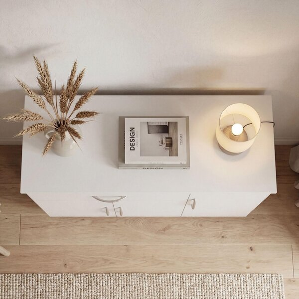 FineBuy Bílá komoda SETE 90 x 75 x 30 cm Skříňka s 1 zásuvkou a 3 dvířky Moderní komoda do ložnice, jídelny, úzká skříňka na boty