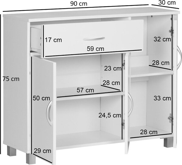 FineBuy Bílá komoda SETE 90 x 75 x 30 cm Skříňka s 1 zásuvkou a 3 dvířky Moderní komoda do ložnice, jídelny, úzká skříňka na boty