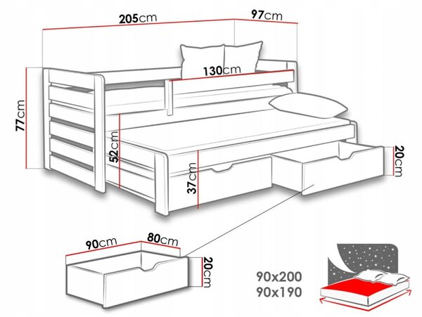 Dětská postel z masivu borovice TOMÁŠ II s přistýlkou a šuplíky - 200x90 cm - bílá