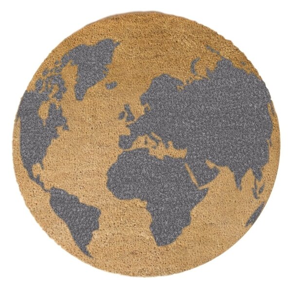 Šedá kulatá rohožka z přírodního kokosového vlákna Artsy Doormats Globe, ⌀ 70 cm