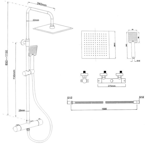 Erga Flova, sprchová souprava s termostatickou baterií a dešťovou hlavicí 20x20cm, černá matná, ERG-YKA-BP.FLOVA THERM 20 BLK
