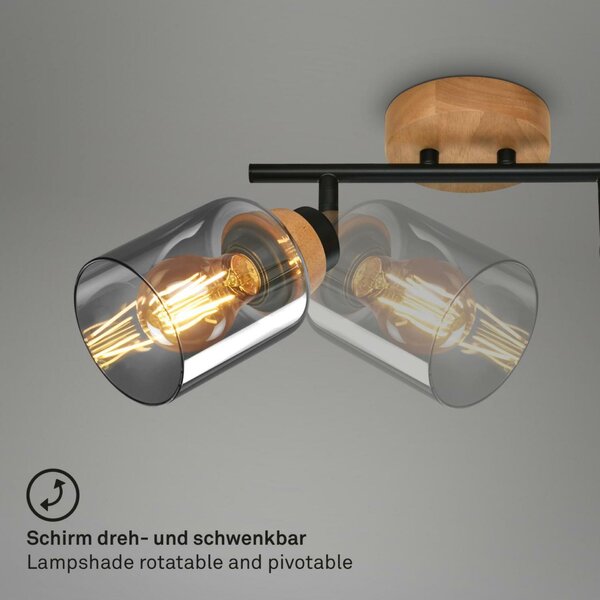 BRILONER Briloner Hema stropní bodové svítidlo, kouřové sklo, nastavitelné, 2-ramenné, dřevěná základna BRILO 2485025