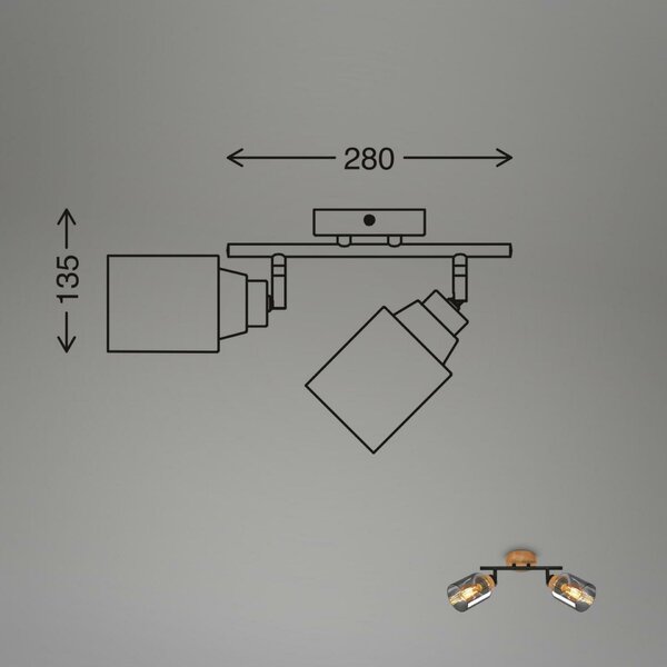 BRILONER Briloner Hema stropní bodové svítidlo, kouřové sklo, nastavitelné, 2-ramenné, dřevěná základna BRILO 2485025