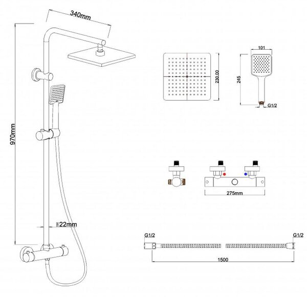 Erga Bodo Therm, sprchová souprava s termostatickou baterií a dešťovou hlavicí 23x23cm, černá matná, ERG-YKA-BP.BODO-THERM-23-BLK