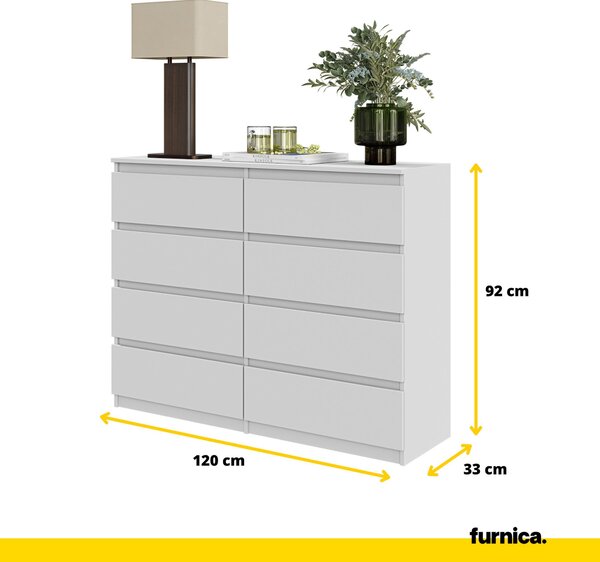 FURNICA - GABRIEL - Komoda s 8 zásuvkami - bílá matná V92cm Š120cm H33cm