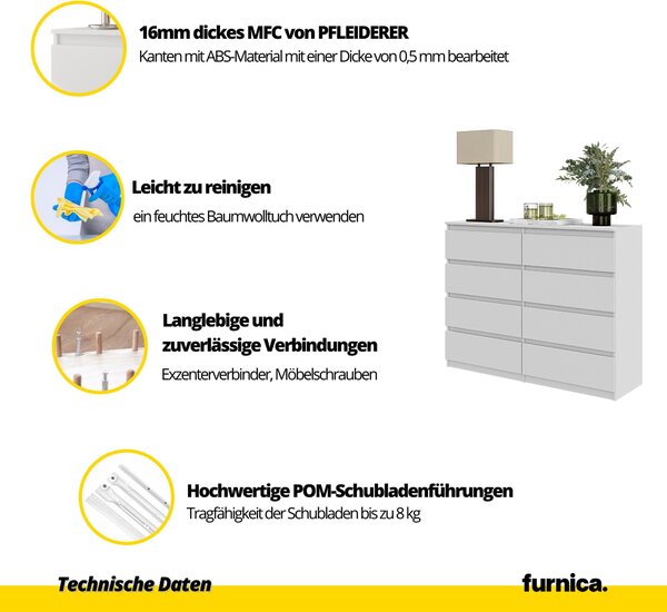 FURNICA - GABRIEL - Komoda s 8 zásuvkami - bílá matná V92cm Š120cm H33cm