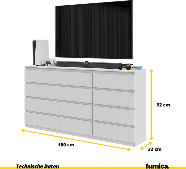 FURNICA - GABRIEL - Komoda s 12 zásuvkami (8+4) - bílá matná V92cm B180cm D33cm