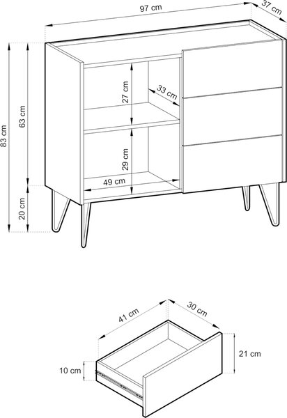 Komoda Canmore KSZ97 - grafitově černá, šířka 97 cm, výška 83 cm, hloubka 37 cm