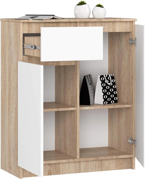 Elegantní komoda K80 v sonomovém dubu a bílé barvě pro předsíň, obývací pokoj a ložnici