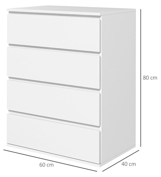 HOMCOM Úložná Komoda s 4 Zásuvkami Moderní Styl s Mechanismem Tichého Zavírání - 60 x 40 x 80 cm, Bílá | Aosom