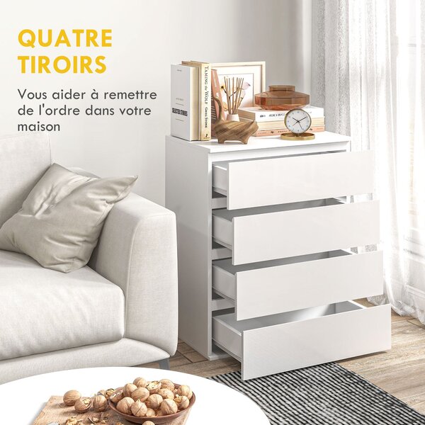 HOMCOM Úložná Komoda s 4 Zásuvkami Moderní Styl s Mechanismem Tichého Zavírání - 60 x 40 x 80 cm, Bílá | Aosom