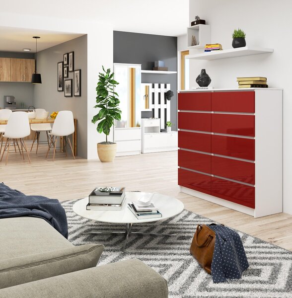 Akord Komoda 10 zásuvek bílá-červená vysoký lesk 120x40x121 cm
