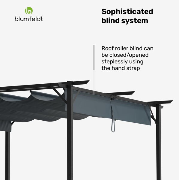 Blumfeldt Pergola 3x3 m - polyesterová střecha odolná vůči povětrnostním vlivům, ocelový rám s práškovým nástřikem, celoroční použití, snadná montáž, moderní design na zahradu a terasu