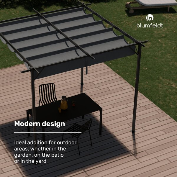 Blumfeldt Pergola 3x3 m - polyesterová střecha odolná vůči povětrnostním vlivům, ocelový rám s práškovým nástřikem, celoroční použití, snadná montáž, moderní design na zahradu a terasu