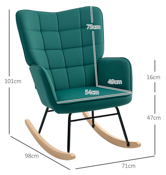HOMCOM Houpací křeslo, Velvet potah, Křeslo pro kojení, Ocelový rám, Masivní dřevěné nohy, Tmavě zelené | Aosom