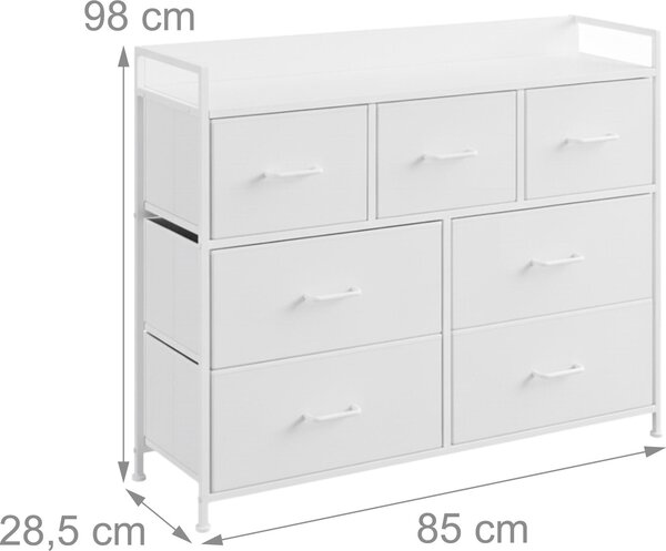 Komoda Relaxdays, 7 látkových zásuvek, kov, MDF, VxŠxH: 98 x 85 x 28,5 cm, obývací pokoj, předsíň, doplňková komoda, bílá