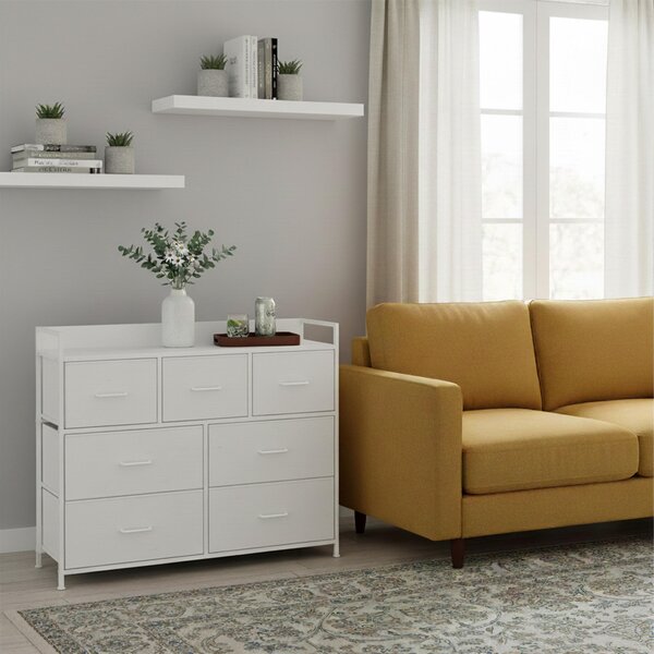 Komoda Relaxdays, 7 látkových zásuvek, kov, MDF, VxŠxH: 98 x 85 x 28,5 cm, obývací pokoj, předsíň, doplňková komoda, bílá