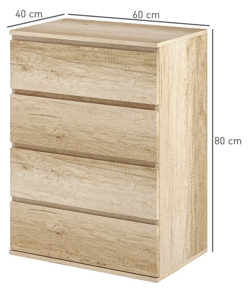 HOMCOM Skříňka se 4 zásuvkami – Moderní úložný kabinet s mechanismem měkkého zavírání – 60 x 40 x 80 cm, Přirodní dřevo | Aosom