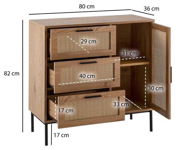 Komoda 80x82x36 cm předsíňová komoda dub Imitace & ratan, příborník se třemi zásuvkami a dvířky, komoda moderní, stojací příborník komoda | Wohnling