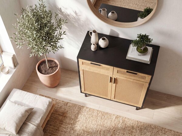 FineBuy Příborník 80x86,5x40 cm Komoda černá s vídeňskou vazbou Vysoká komoda Nadčasová skříňka do obývacího pokoje se 2 dvířky a zásuvkami