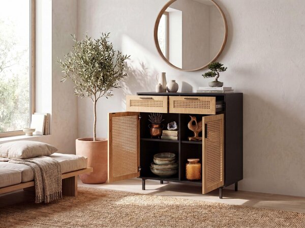 FineBuy Příborník 80x86,5x40 cm Komoda černá s vídeňskou vazbou Vysoká komoda Nadčasová skříňka do obývacího pokoje se 2 dvířky a zásuvkami